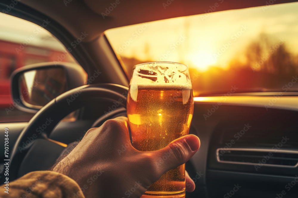Holding alcohol while driving: Unlawful and accident-prone. - obrazy, fototapety, plakaty 