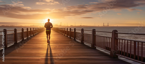 Athletic silhouette: Person running along the sea embankment at sunrise. photo