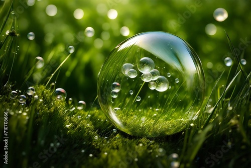 bubbles on green grass - colorful soap bubbles on green grass beautiful background. Air bubbles in nature