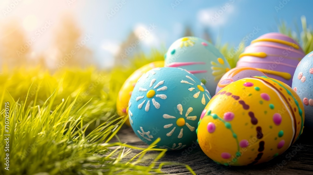 Decorated Easter eggs in field. Colorful background. Easter banner.