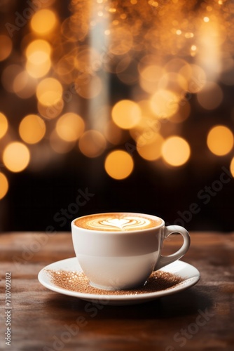 A white cup and saucer filled with coffee on the table against the backdrop of blurry cafe lights. Coffee advertising concept. Еmpty space for text, vertical