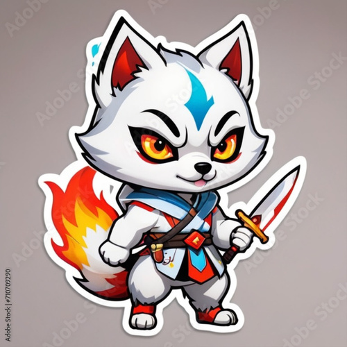 Cute husky kitsune warrior holding katana sword in front of a fire © PUTRI