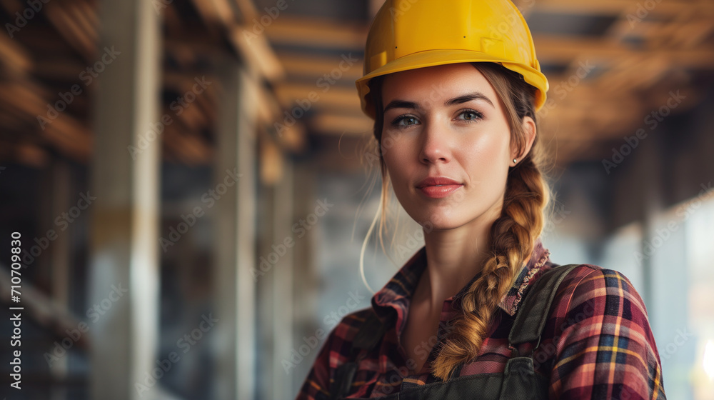 Woman builder close-up in yellow helmet, with hair braided, plaid shirt on the background of the construction site. Woman builder close-up in yellow helmet, with hair braided, plaid shirt on the background of the construction site.