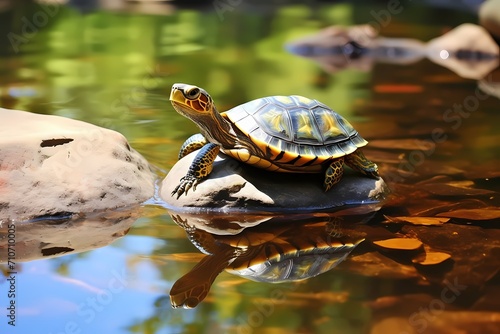 A tiny turtle resting on a sun-warmed rock by a clear pond.