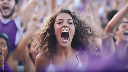 woman and group of fans celebrating and screaming supporting team in stadium seats wearing purple.Group of fans watching a sports event in the stands of a stadium photo