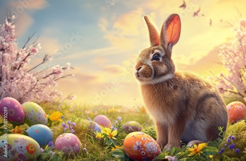 Cartoon Easter rabbit in sunny garden with colorful eggs.