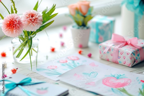Handmade Gifts and Colorful Drawings in Cozy Home for Mother's Day
