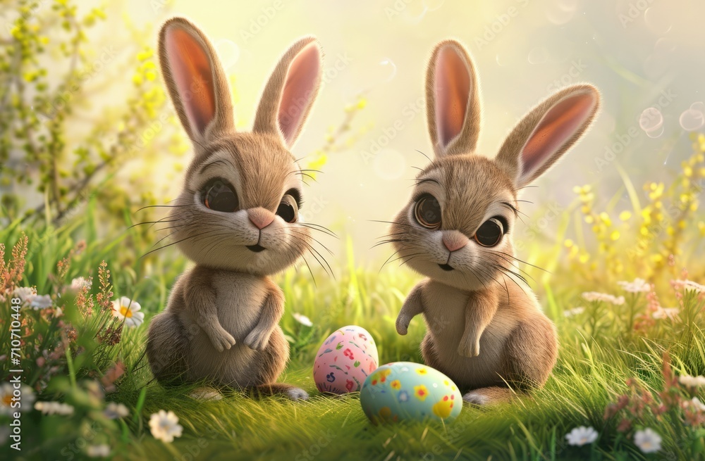 Cartoon Easter rabbits in sunny garden with colorful eggs. Cartoon Easter rabbits in sunny garden with colorful eggs.