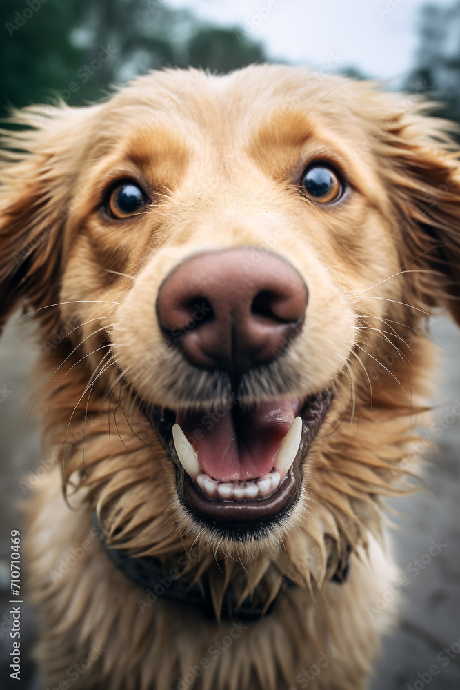 Happy dog smiling at the camera. Cute pet smiling. Pet ownership