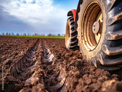 Closeup of tractor wheels on plowed field.