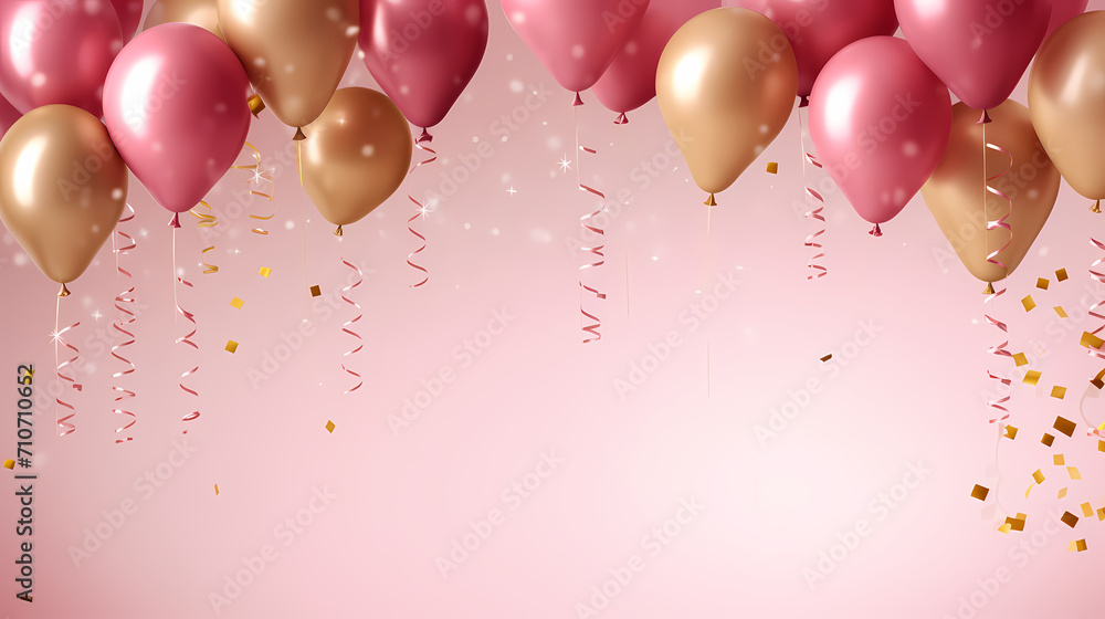 Obraz premium Holiday background with colorful balloons, confetti and ribbons. Holiday greeting card for birthday party, anniversary, New Year, Christmas or other events