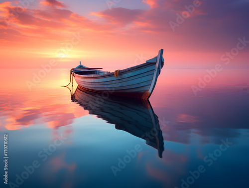 Fishing boat on the water at sunset. Beautiful nature background.