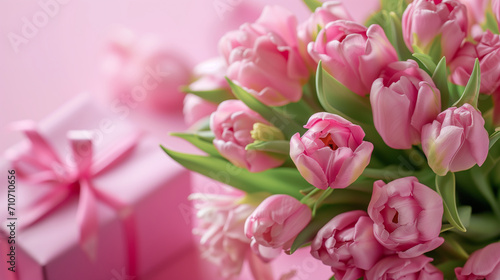 Bouquet of pink tulips on pink background. Mothers day  Valentines Day  Birthday celebration concept. Greeting card. Copy space for text  top view