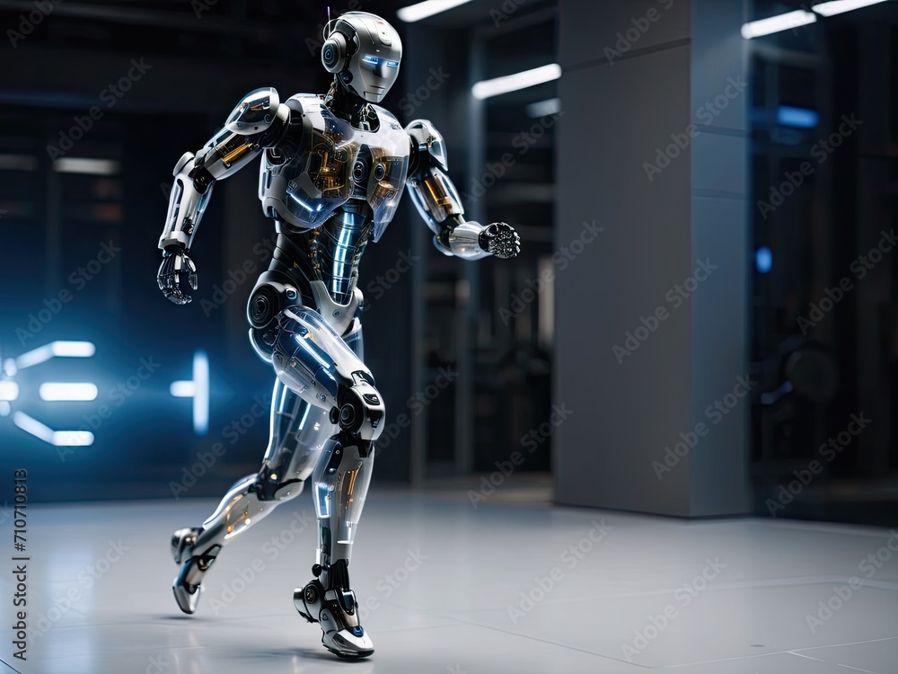 A robot in a futuristic building, dynamic active running pose