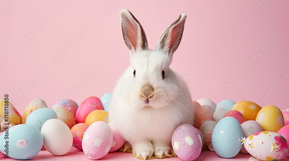 Cute rabbit next to colorful eggs. Symbol of Easter.