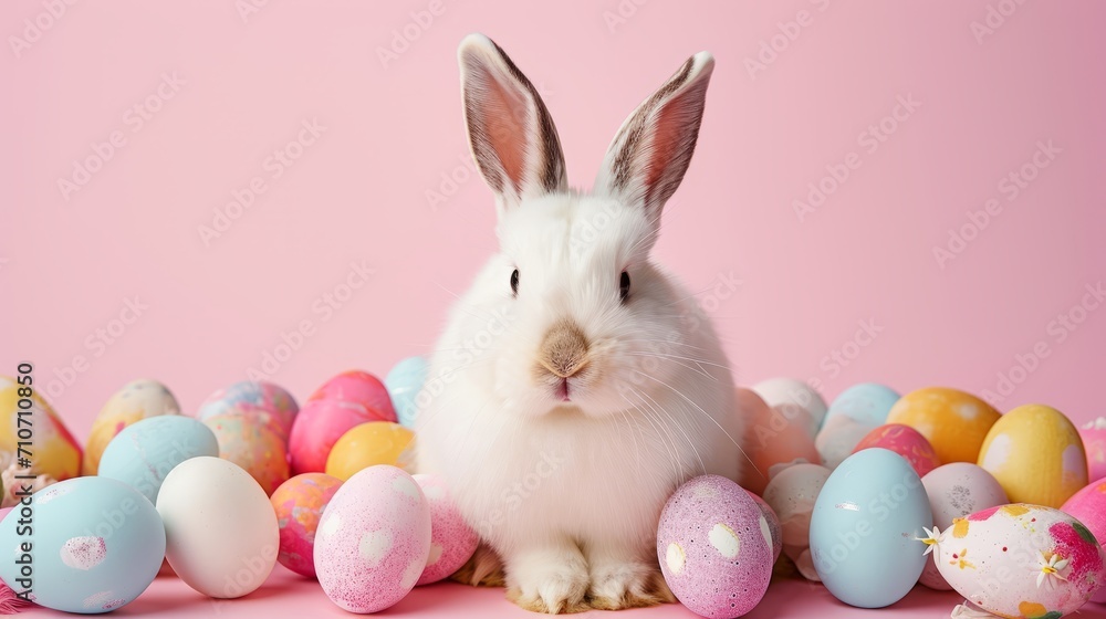 Cute rabbit next to colorful eggs. Symbol of Easter. Cute rabbit next to colorful eggs. Symbol of Easter.