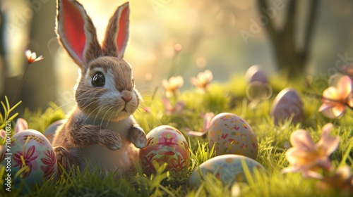Cartoon Easter rabbits in sunny garden with colorful eggs.