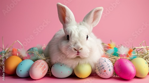 Cute rabbit next to colorful eggs. Symbol of Easter.