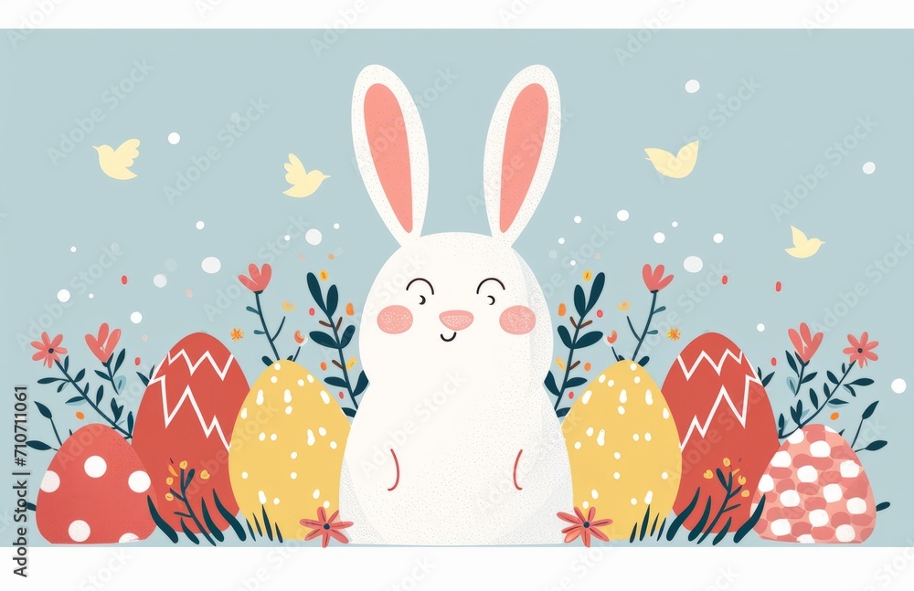 Cute bunny with colorful painted Easter eggs. Concept of happy Easter day.