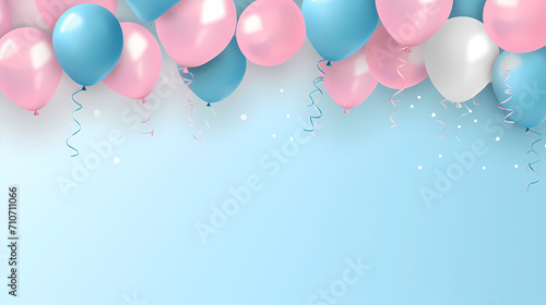 Holiday background with colorful balloons, confetti and ribbons. Holiday greeting card for birthday party, anniversary, New Year, Christmas or other events