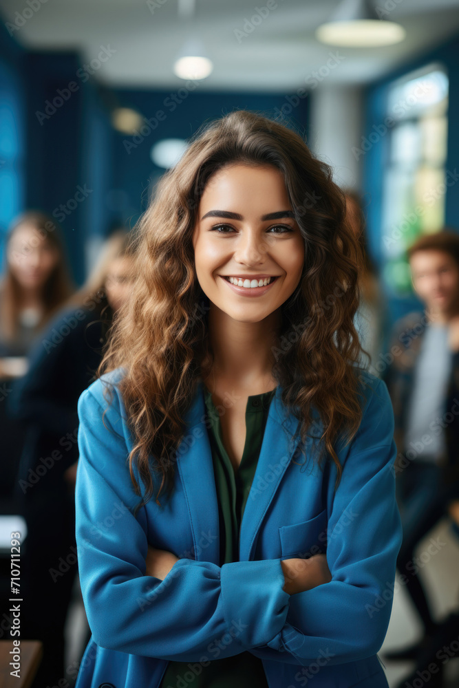 Woman in Blue Sweater with Confident Smile Woman in Blue Sweater with Confident Smile