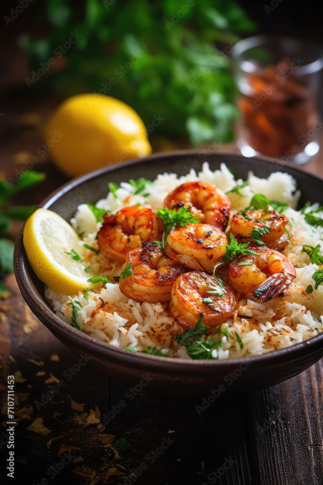 Grilled Shrimp over Rice with Lemon Garnish Grilled Shrimp over Rice with Lemon Garnish