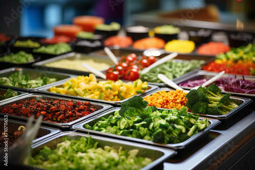 A school cafeteria featuring a build-your-own-salad bar - offering a variety of fresh vegetables and customizable options for creating nutritious and appealing meals.