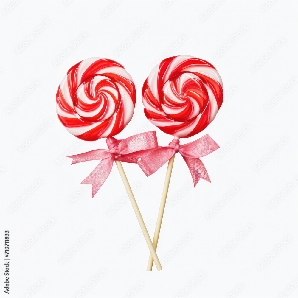 Red and White Swirl Lollipops with Pink Ribbons on White Background