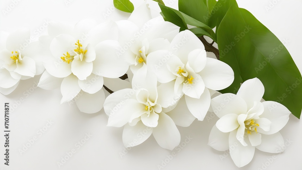Obraz premium Beautiful Jasmine flowers on white surface