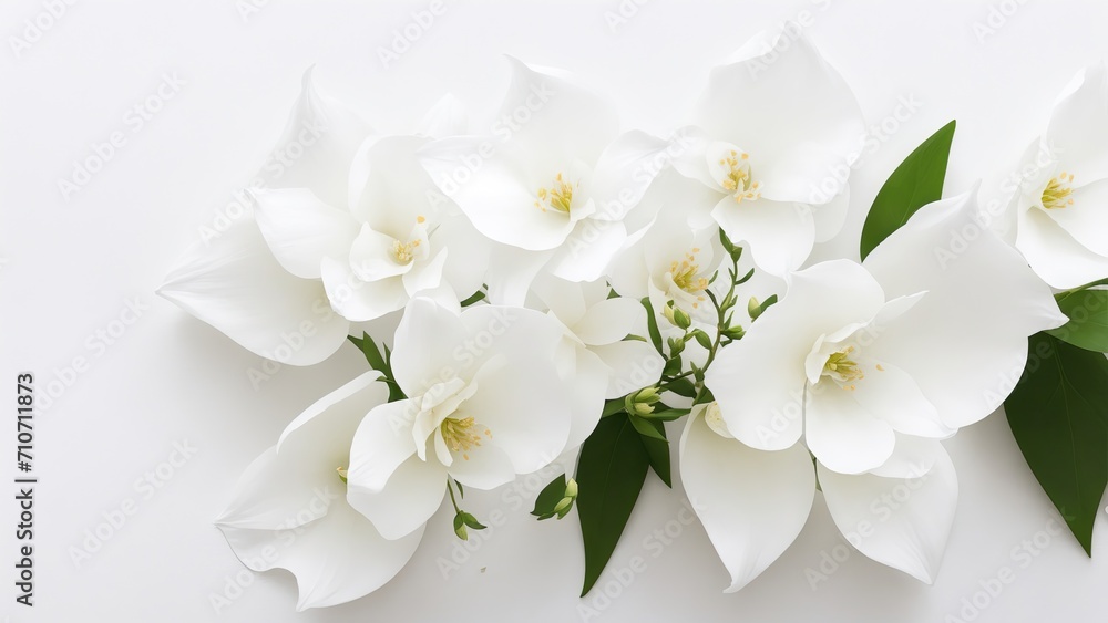 Obraz premium Beautiful Jasmine flowers on white surface