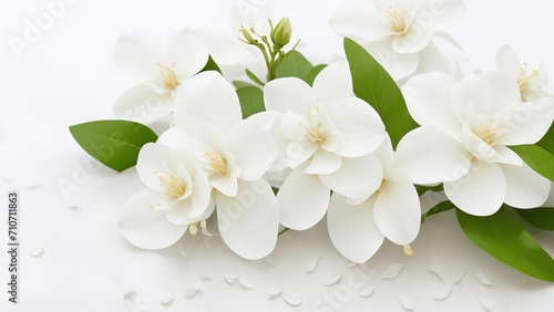 Beautiful Jasmine flowers on white surface