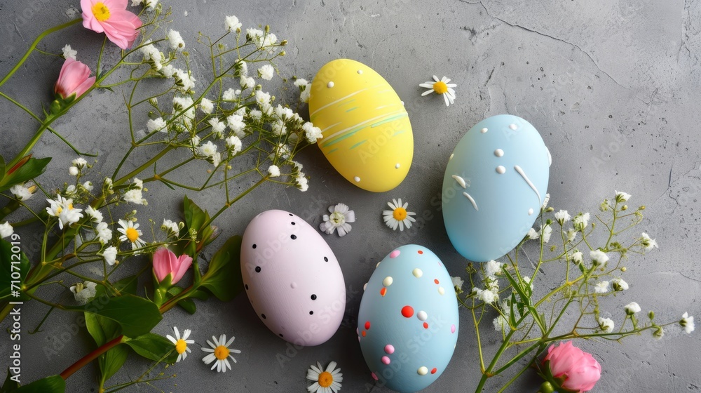 Easter eggs and flowers on concrete background. Top view. Easter background. Easter eggs and flowers on concrete background. Top view. Easter background.