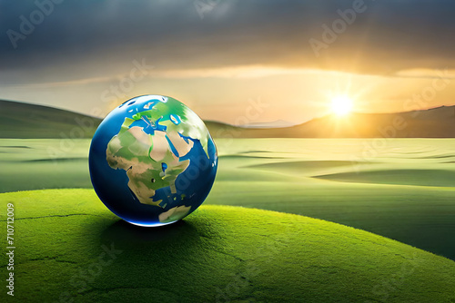 green planet concept - green tree in ptotecting shell with sunshine around. Save our planet. Earth day concept background. Ecology concept. Globe map drawing and leaves isolated on white Generative AI