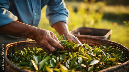 Close up of man s hands picking tea leaves in bright summer field with abundant light