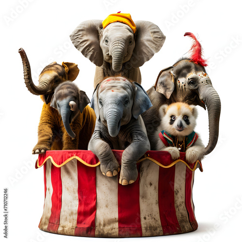 Circus animals performing tricks isolated on white background, cinematic, png
 photo