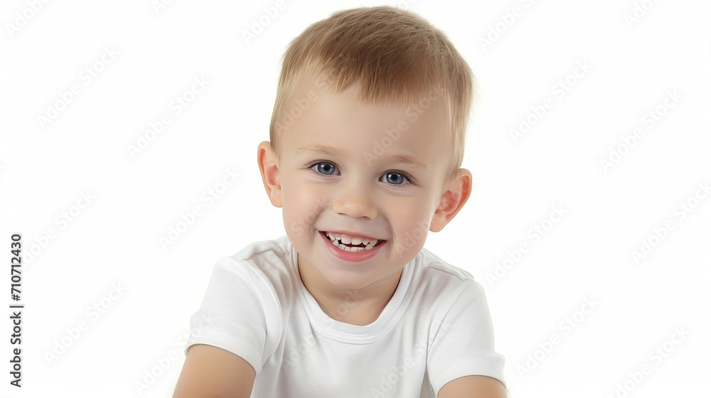 Cute white american boy child model laughing and smiling in professional studio portrait