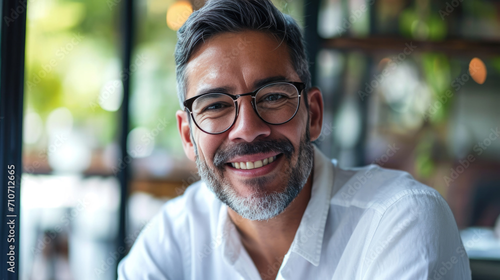 Obraz premium Smiling man with a beard and glasses, wearing a white shirt, against a softly blurred indoor background.