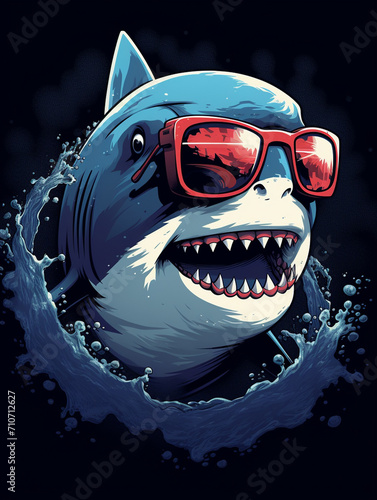 A art depiction of a shark sporting sunglasses  set against a navy blue background created with Generative Ai
