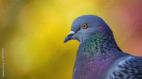 A vibrant portrait of a pigeon, its iridescent plumage gleaming against a soft-focus backdrop of autumn hues