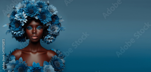 African woman and blue flowers.