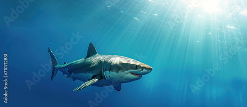 A majestic great white shark glides under sunlit waters, embodying the serene yet formidable essence of ocean life