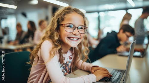 Joyful Young Girl with Glasses at Computer Class photo