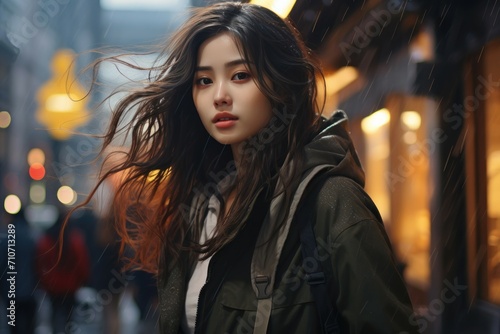 Young Asian Woman with Windswept Hair in City