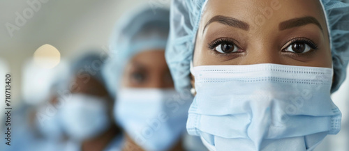 The determined eyes of a healthcare professional gaze forward, masked and capped, the epitome of medical dedication photo