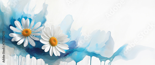 Tapeta kwiaty, abstrakcyjne tło, pastelowe stokrotki, niebieska akwarela © Iwona
