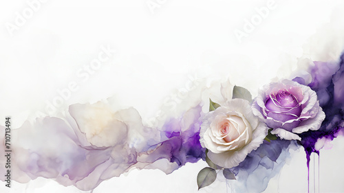 Pastelowe tło kwiatowe akwarela, abstrakcyjne fioletowe róże, puste miejsce #710713494