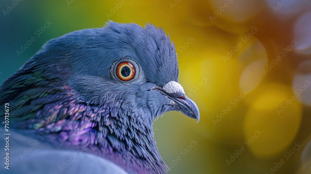 Up close, the intricate details of a pigeon's feathers are set aglow by a bokeh of golden light, a moment of urban wildlife captured Up close, the intricate details of a pigeon's feathers are set aglow by a bokeh of golden light, a moment of urban wildlife captured