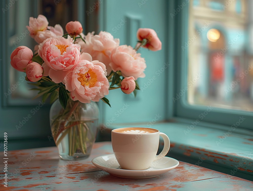 Aesthetic photography with vase of flowers and cup of coffee. Ai generation perfect for cafe or home decoration Aesthetic photography with vase of flowers and cup of coffee. Ai generation perfect for cafe or home decoration