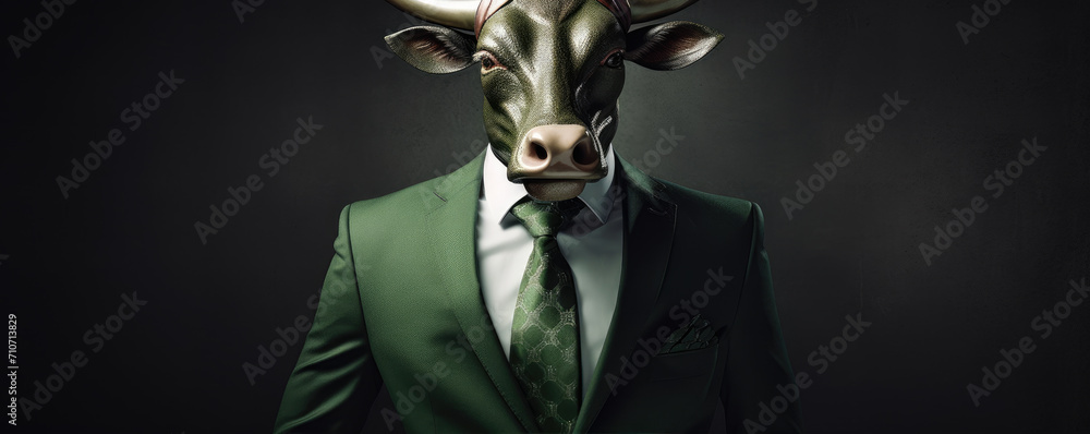 Bussiness man like Bull dressed in an elegant green suit. Bull Market finance concept. Bussiness man like Bull dressed in an elegant green suit. Bull Market finance concept.