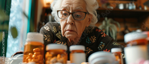An elderly woman examines a plethora of medication bottles with concern, reflecting the complexities of healthcare in old age